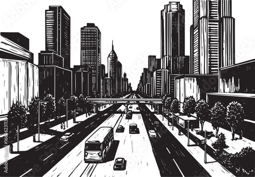 Metropolitan Vista Monochrome Woodcut, Cityscape with Vehicles a