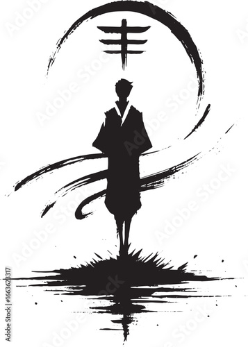 Minimalist sumi-e illustration depicting a lone figure in a styl