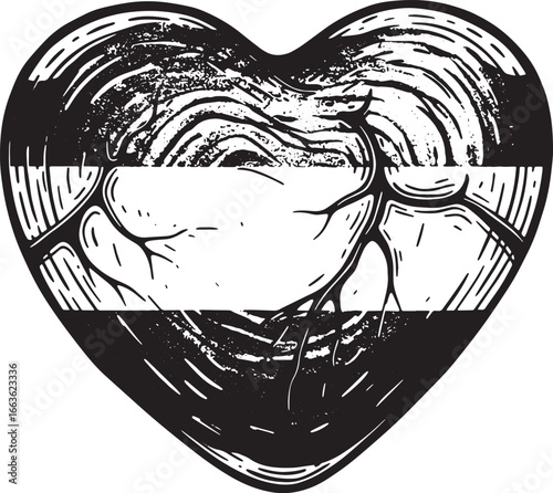 Monochrome Woodcut Heart with Horizontal Bar and Root-like Vein