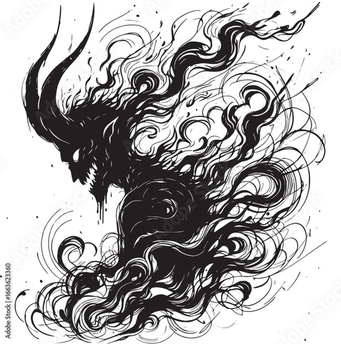 Intense black ink illustration of a demonic creature with horns and swirling smoke effect