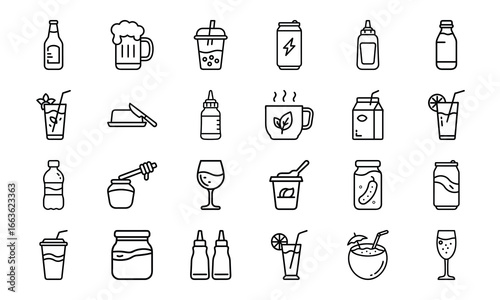 Collection of black and white drink and beverage icons, soda, beer, bubble tea, juice, coffee, tea, wine, cocktails, smoothies, honey jar, pickle jar, milk carton, energy drink, condiment bottles, and