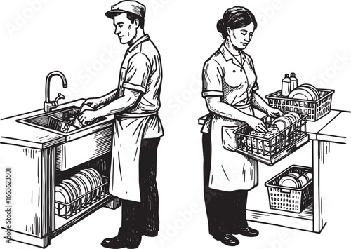Vintage illustration of dishwashers diligently working in a blac