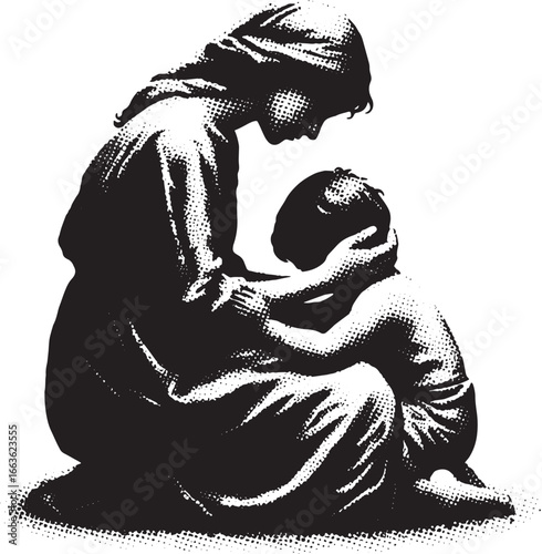 A Touching Black and White Illustration Depicting a Mother and Child in a Loving Embrace