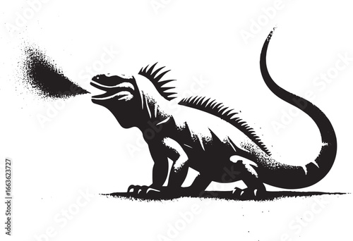 Monochrome Illustration of an Iguana Exhaling Smoke on a White Background