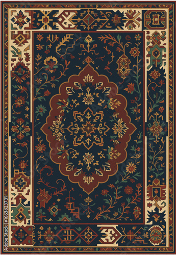 Folk art inspired Persian Vector Carpet with modern Pattern in high definition isolated on white canvas with trending colors
