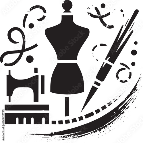 Minimalist sumi-e style dressmaking icon representing sewing, de