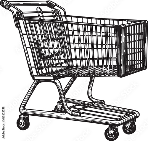 Detailed woodcut illustration of an empty shopping cart on isola