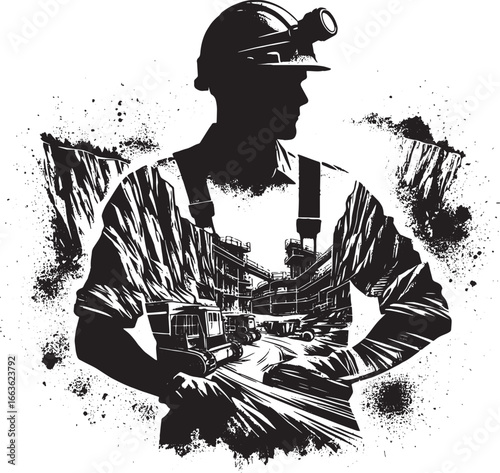 Silhouette of a Miner in a Hard Hat, with a Mine Background, Black and White Illustration