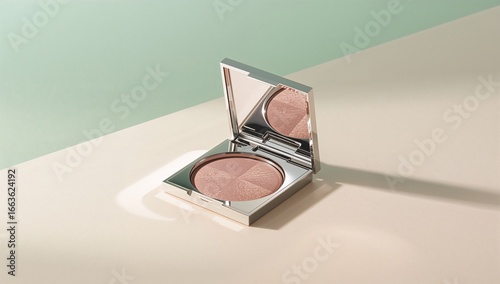 Square compact makeup case with pressed powder on dual color surface