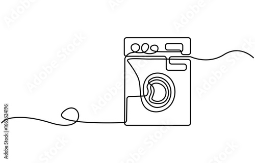 One single line drawing of front door washing machine. Single line drawing of household appliance. Editable stroke contour of washing machine. Doodle hand drawn vector Poster template