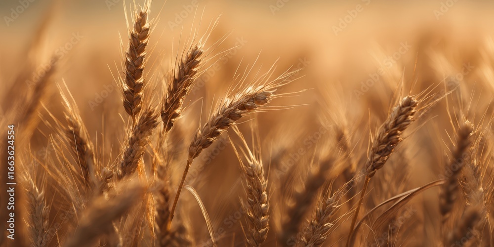 Fototapeta premium The golden wheat fields basking in warm sunlight during harvest season.