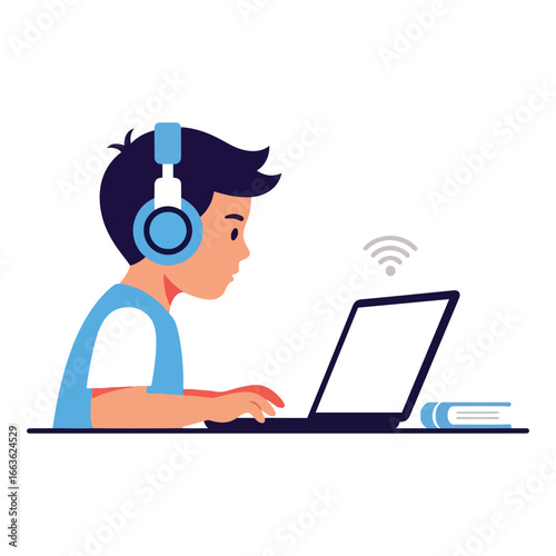 boy wearing headphones using laptop clip art preview