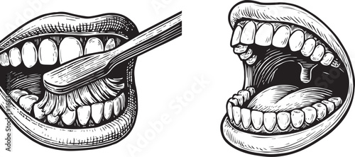 A captivating image depicting oral hygiene, a mouth being brushed and a mouth with a tongue.