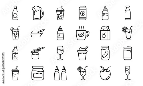 Collection of black and white drink and beverage icons, soda, beer, bubble tea, juice, coffee, tea, wine, cocktails, smoothies, honey jar, pickle jar, milk carton, energy drink, condiment bottles, and