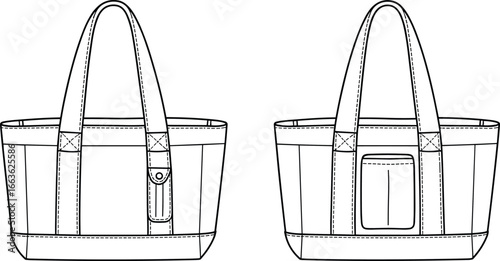 CAD drawing flat vector illustration of structured tote bag design, front and back view, detailed stitching, fashion sewing template, handbag blueprint, accessory sketch layout