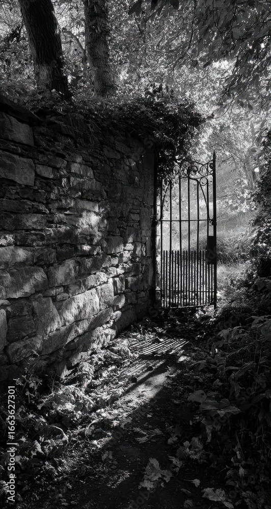 Fototapeta premium A grayscale view of an aged stone wall, overgrown gate, and sunlit path