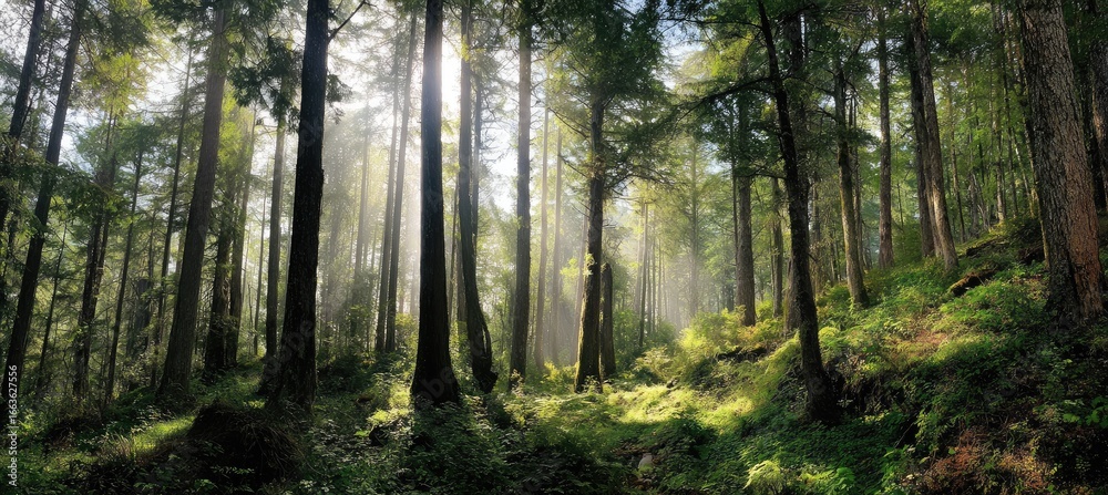 Obraz premium Sunlight streams through a dense forest