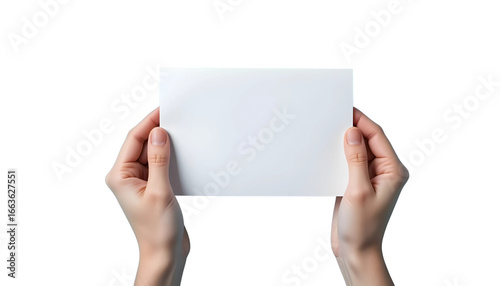 Two hands holding a blank white horizontal card with copy space on a transparent background, an ideal mockup for displaying messages, invitations, or custom designs.