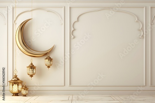 Elegant ramadan background with golden moon and decorative hanging lanterns