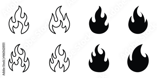 Fire flame icon set. Vector fire symbols. Hot burn bonfire element, flame of various shapes, bonfire vector illustration. Energy and heat concept for branding and graphic design.