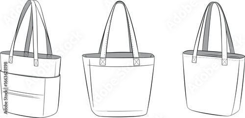 CAD drawing flat vector illustration of structured tote bags, front and back views, pocket detail, fashion accessory, sewing template, clean design
