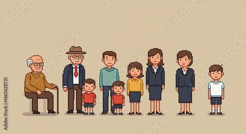 Pixel art of people, retro style, simple background
