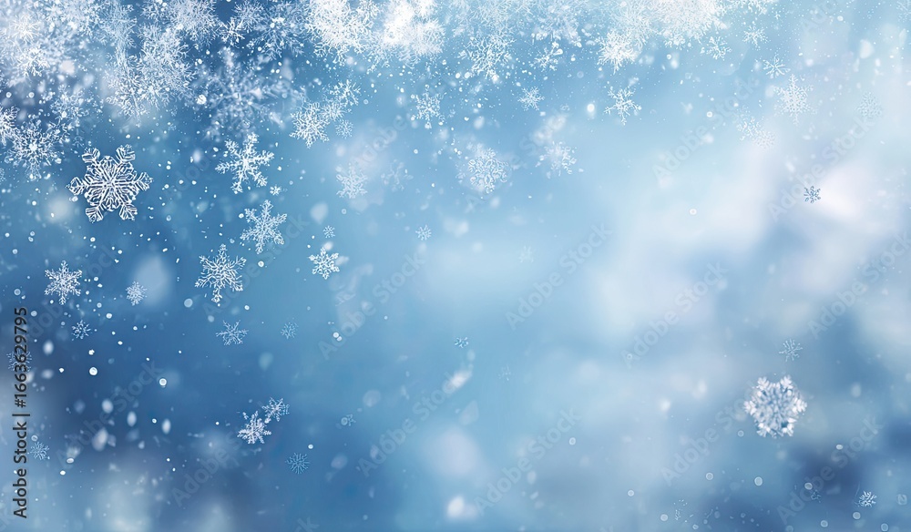 Fototapeta premium Falling snowflakes against a soft blue background