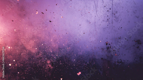 Dreamy blend of deep purple and pink hues creates cosmic atmosphere with scattered light leaks and speckles, evoking sense of wonder and mystery