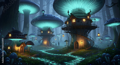 Fantasy Mushroom Village:  An enchanting mushroom village nestled within a glowing forest, where whimsical houses and illuminated mushrooms create an immersive fantasy world.