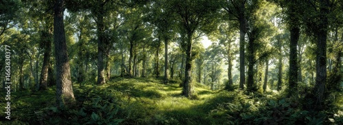 Lush forest scene with sunlight filtering through the trees