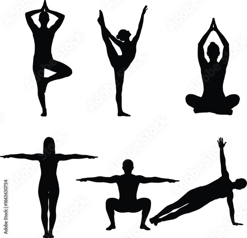 Silhouette vector illustration of yoga poses, fitness workout exercises, balance training, meditation postures for health, wellness, flexibility, and strength