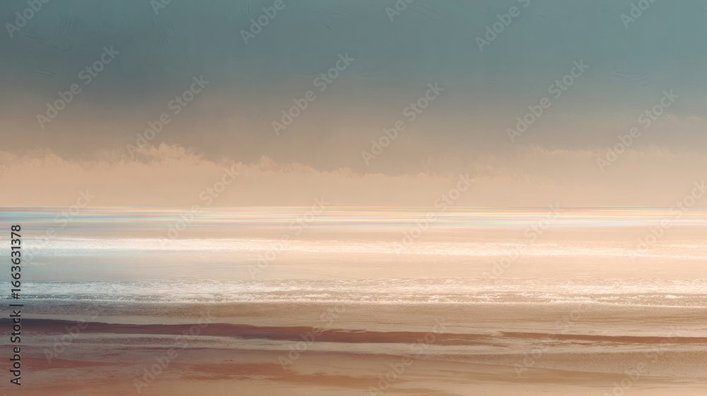 Fototapeta premium Serene beach scene with pale beige sand fading into sandy cream, under subtle sky. horizon blends softly, creating calming atmosphere