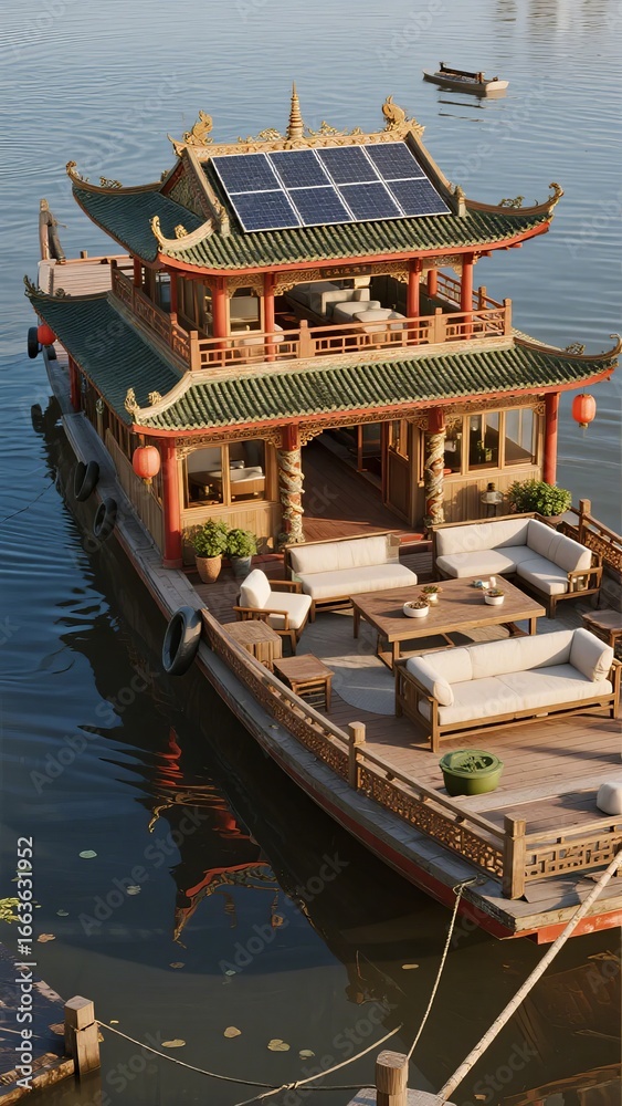 Fototapeta premium Traditional Chinese-style houseboat with solar panels and outdoor seating on calm water