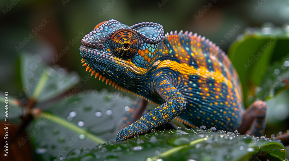 Fototapeta premium Fantasy chameleon with vivid colors on branch under magical rain
