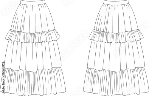 Tiered midi skirt, ruffle skirt fashion flat, clothing design sketch, woman’s layered skirt vector, stylish skirt outline, boho fashion sketch, apparel template
