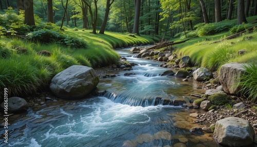 Tranquil Woodland Stream with Rocks, Green Grass and Forest Trees
