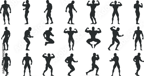 Silhouette vector of muscular male bodybuilders in various poses, strength flexing, fitness modeling, gym training, athletic muscle figure illustration