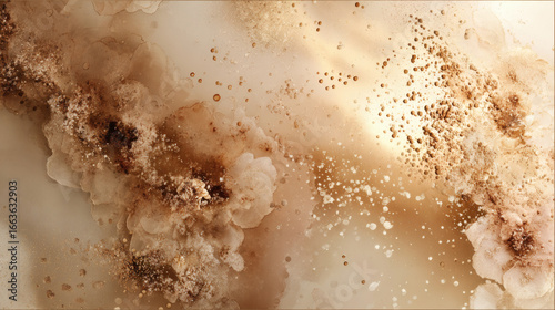 Warm beige and sandy golden abstract artwork with dissolving textures and blooming patterns creates soothing and elegant visual effect