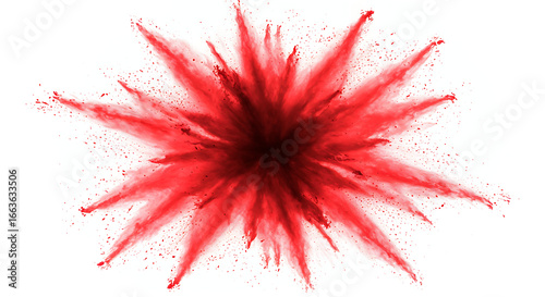 Vibrant Red Powder Explosion with Paint Splatter and Dust Particles on White Background