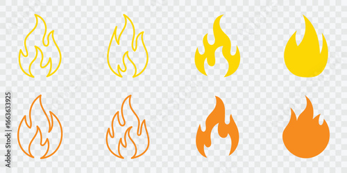 Fire icon collection. Fire flame symbol. Fire flame icon vector design symbol. Set of fire icons. Flame design of different shapes. Vector illustration
