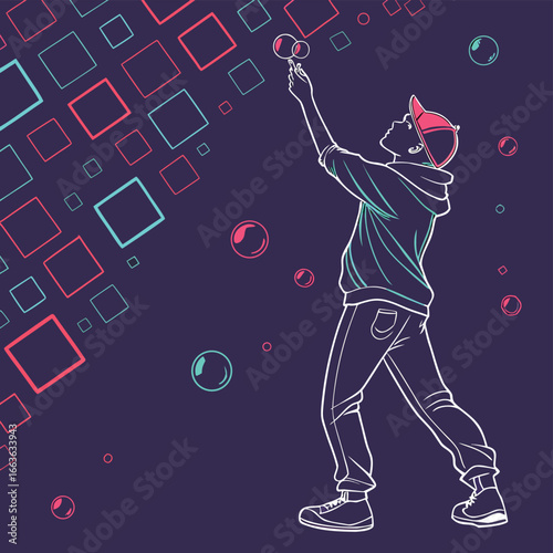 Line art style teenage male in cap blowing bubbles among squares and circles