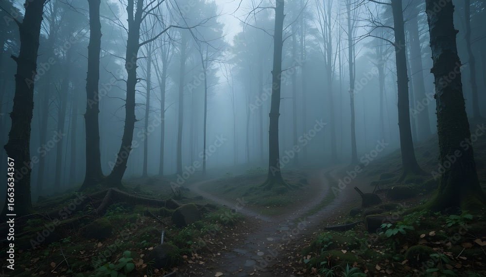 Fototapeta premium Misty forest with diverging paths and atmospheric lighting