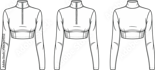 Stylish Zip-up Cropped Sweatshirt Design CAD Drawing Flat Vector Illustration, Fashion Technical Sketch for Apparel