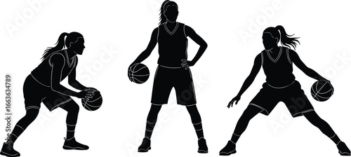 PrintFemale basketball silhouette, active sports pose, dribbling ball vector, athletic women illustration, black icons, competitive stance, team 