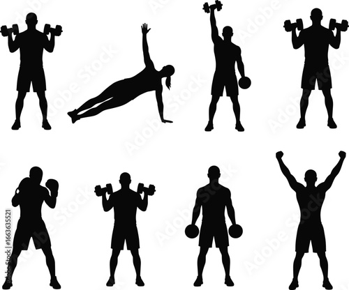 Silhouettes of Men and Women Doing Dumbbell Exercises, Strength Training, Full Body Workout Routine, Fitness Poses, Gym Bodybuilding Vector Art
