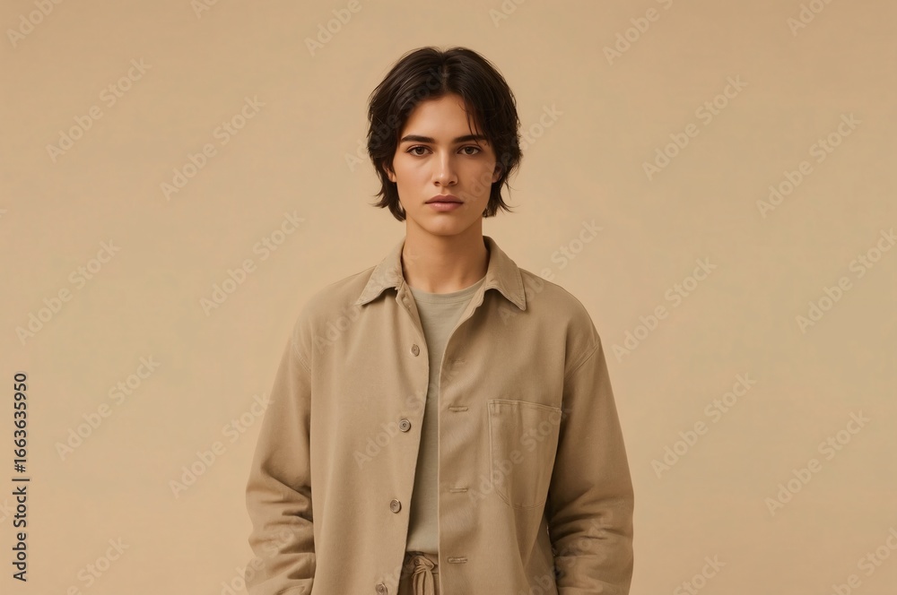 Fototapeta premium Neutral-toned young adult posing studio portrait, fashion