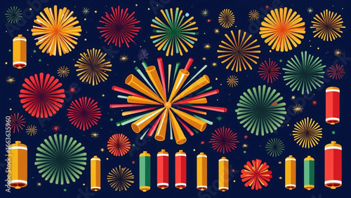 Festive Fireworks Display: An animated illustration presents a vibrant explosion of pyrotechnics, showcasing a burst of color and celebratory spectacle, evoking the joy and wonder of a festive event.
