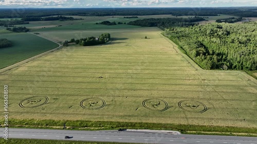 Aerial view of unique circular patterns in an Estonian wheat field. Mysterious tracks and geometric shapes create an abstract eye-catching landscape. Agricultural, nature and artistic themes