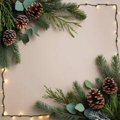 Natural Christmas border with cedar branches, pinecones, and eucalyptus sprigs with tiny glowing lights on soft neutral background, in crisp 4K with heavy finishing.