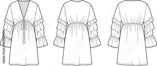 CAD drawing flat vector illustration of tiered sleeve dress, V-neck tie detail, front back side view, fashion sketch, garment template textile design 
